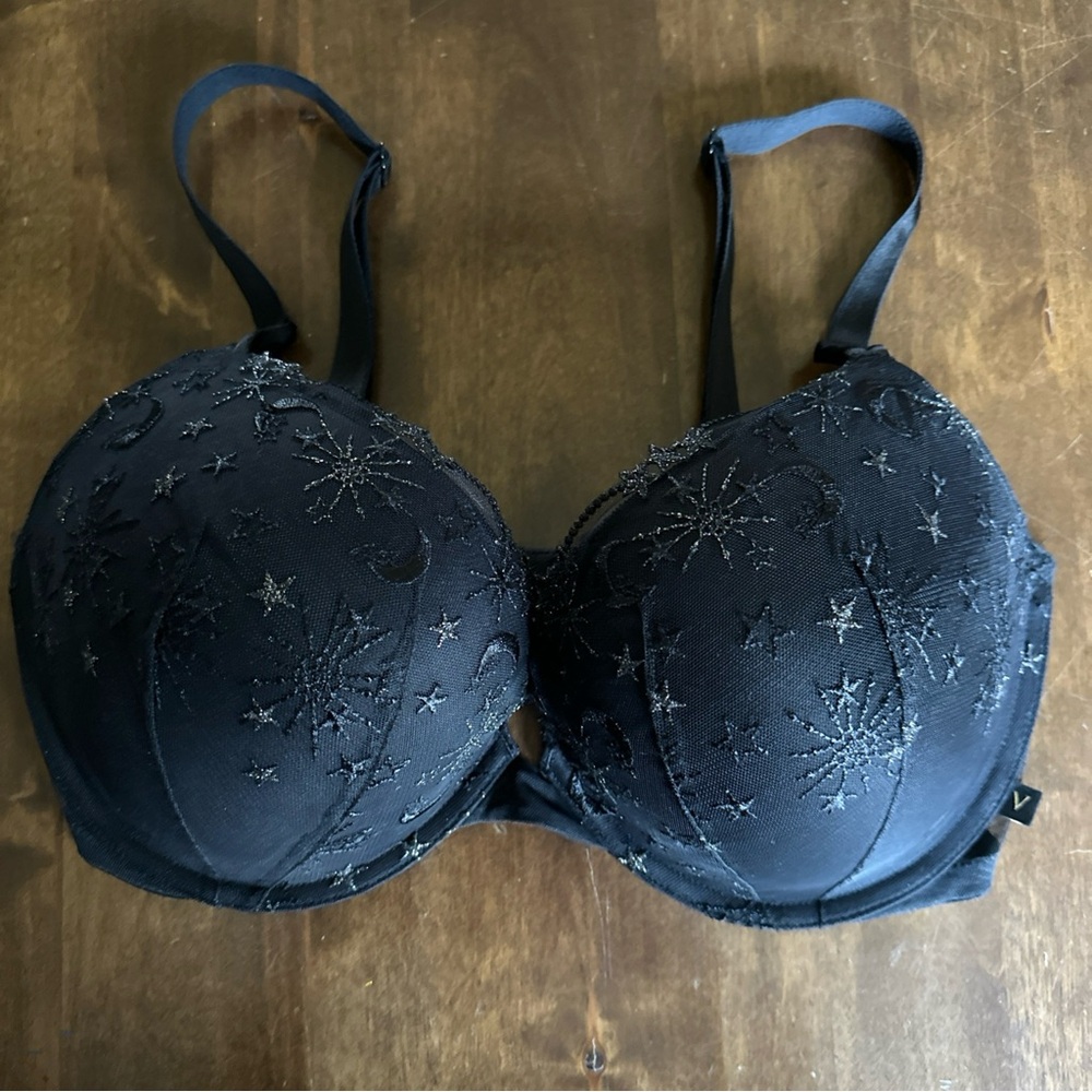 Victorias Secret 36DD Bra Push Up Black Stars Moon Goth Sexy Astrology Psychic